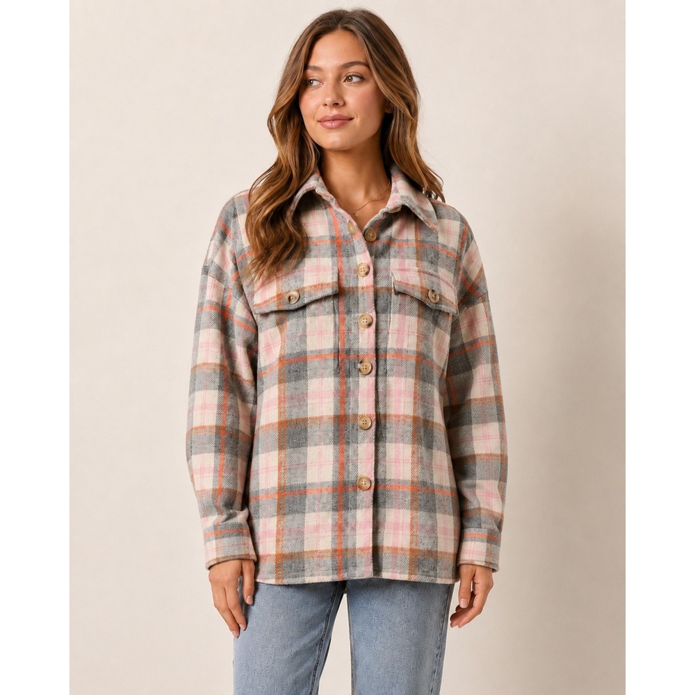Altard State Plaid Shacket Womens Grey Orange Pink Button Shirt Jacket Small